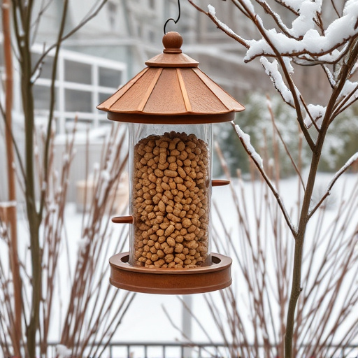 Peanut feeder surrounded by winter garden scenery