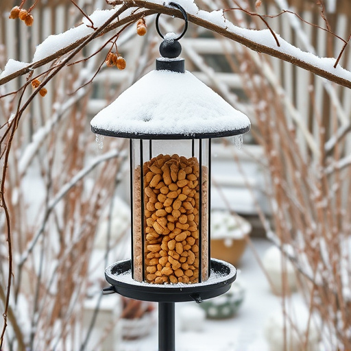 Peanut feeder surrounded by winter garden scenery