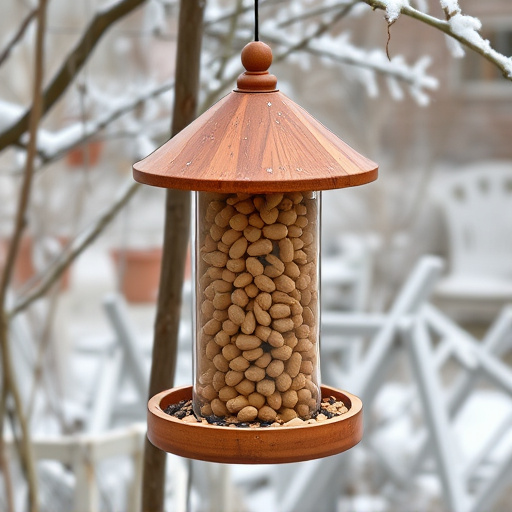 Peanut feeder surrounded by winter garden scenery