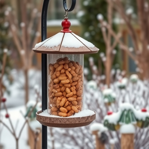 Peanut feeder surrounded by winter garden scenery