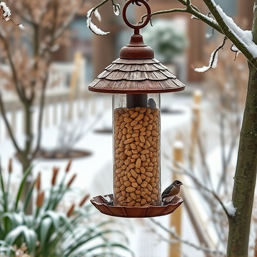 Peanut feeder surrounded by winter garden scenery