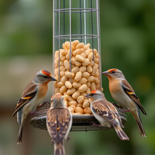 Peanuts in feeder surrounded by sparrows