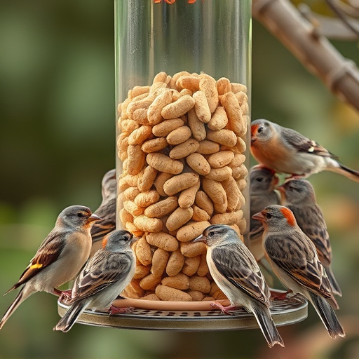 Peanuts in feeder surrounded by sparrows