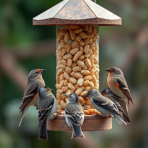 Peanuts in feeder surrounded by sparrows