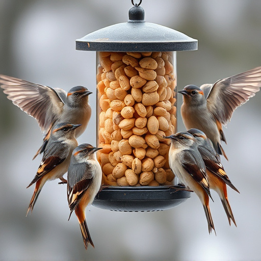 Peanuts in feeder surrounded by sparrows