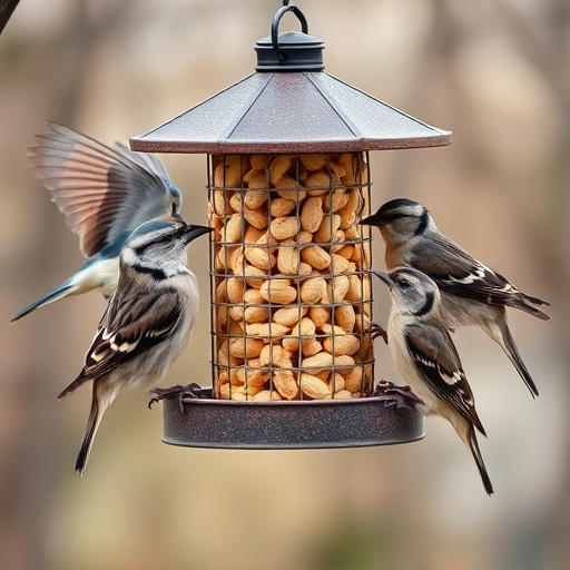 Peanuts in feeder surrounded by sparrows