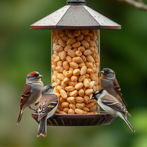 Peanuts in feeder surrounded by sparrows