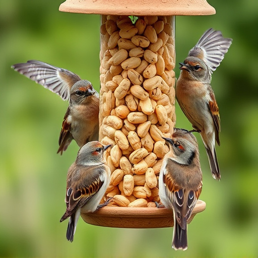 Peanuts in feeder surrounded by sparrows