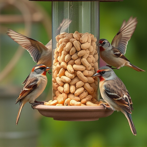 Peanuts in feeder surrounded by sparrows