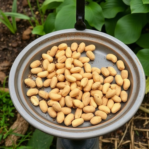 Peanuts scattered on garden feeding tray