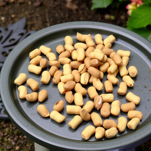 Peanuts scattered on garden feeding tray