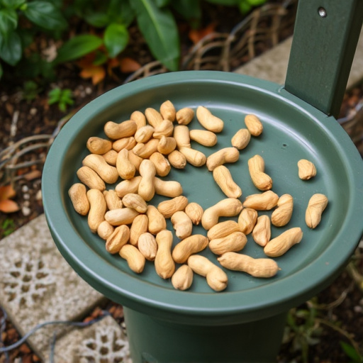 Peanuts scattered on garden feeding tray