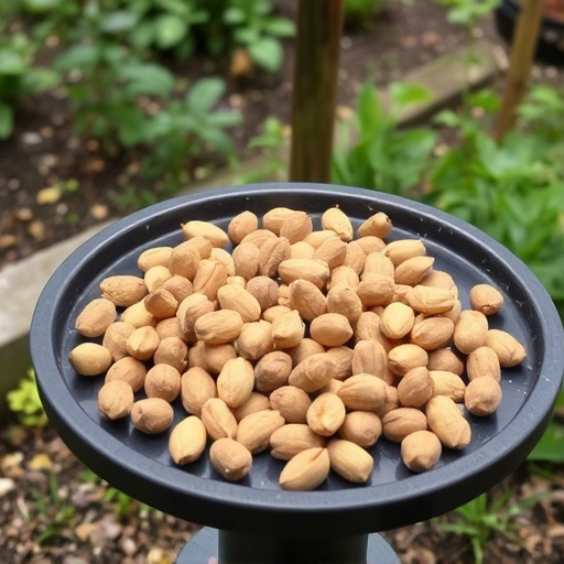 Peanuts scattered on garden feeding tray