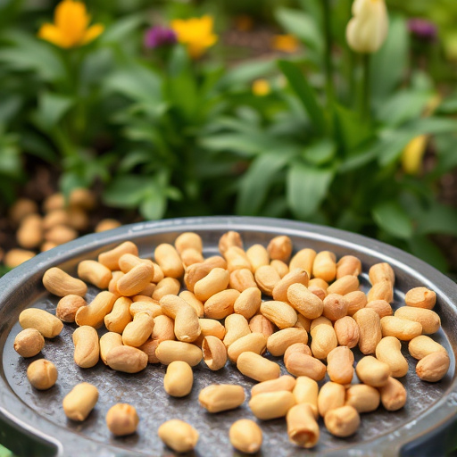 Peanuts scattered on garden feeding tray