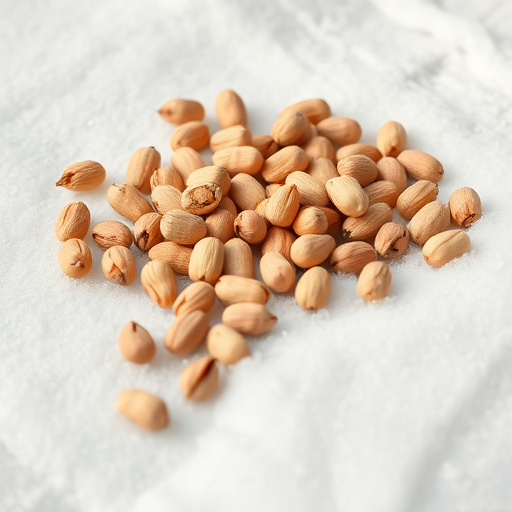 Peanuts scattered on snowy ground
