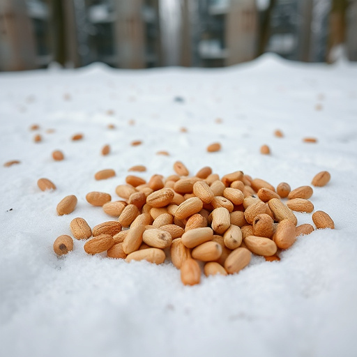 Peanuts scattered on snowy ground