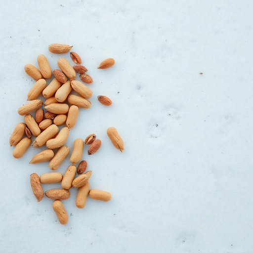 Peanuts scattered on snowy ground