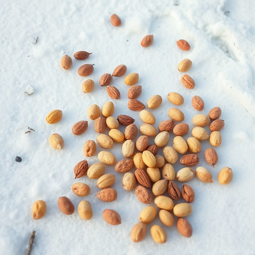 Peanuts scattered on snowy ground