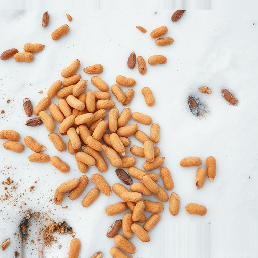 Peanuts scattered on snowy ground