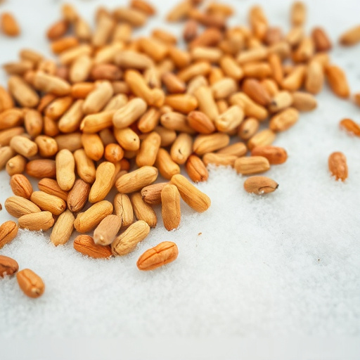 Peanuts scattered on snowy ground