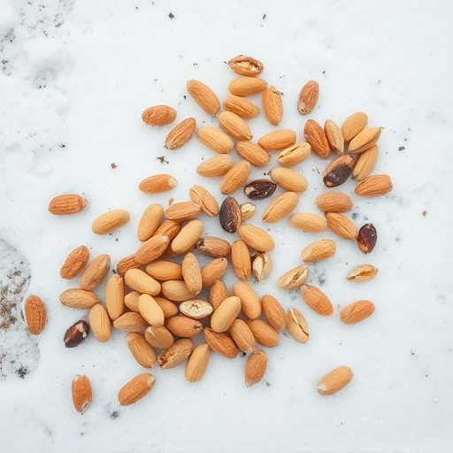 Peanuts scattered on snowy ground