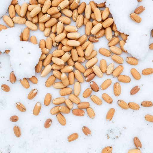 Peanuts scattered on snowy ground