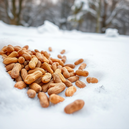 Peanuts scattered on snowy ground