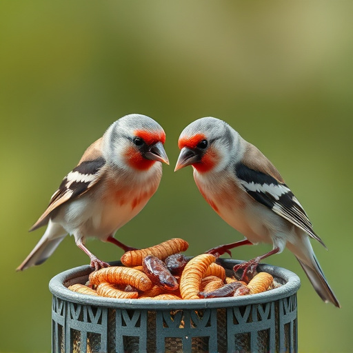 Perching finches enjoying dried mealworms