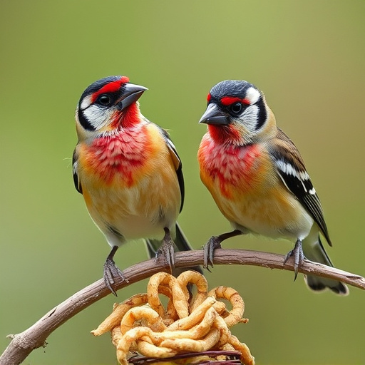Perching finches enjoying dried mealworms