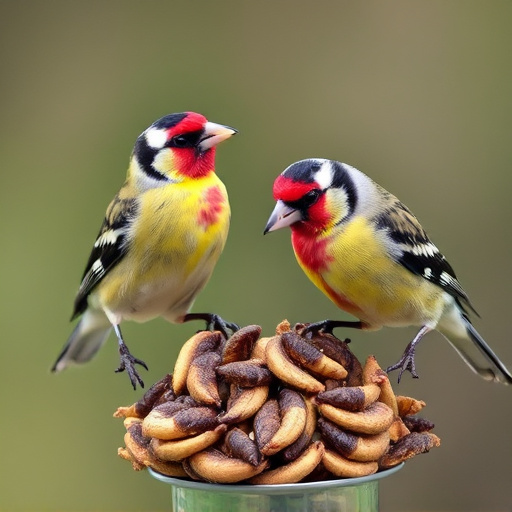 Perching finches enjoying dried mealworms