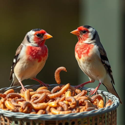 Perching finches enjoying dried mealworms