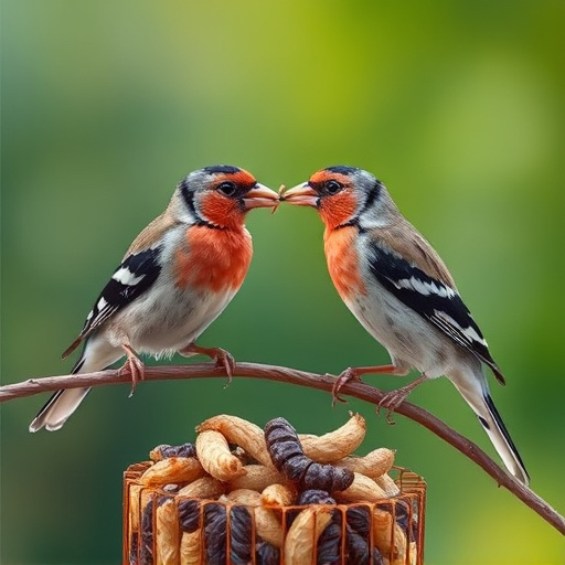 Perching finches enjoying dried mealworms