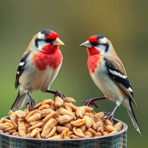 Perching finches enjoying dried mealworms