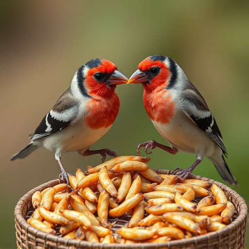 Perching finches enjoying dried mealworms