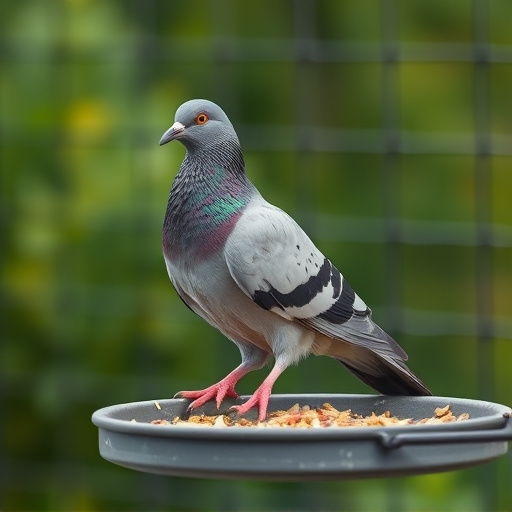 Pigeon blocked by feeder guard