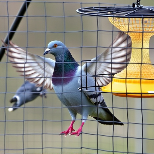 Pigeon blocked by feeder guard