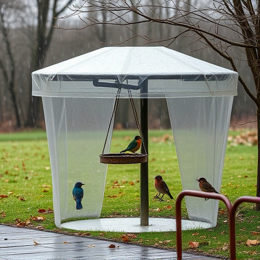 Rain cover sheltering ground bird feeding station