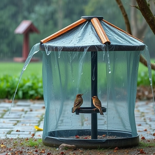 Rain cover sheltering ground bird feeding station