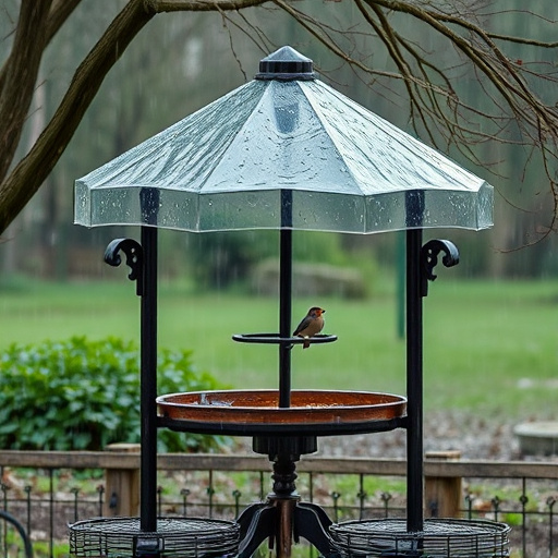 Rain cover sheltering ground bird feeding station