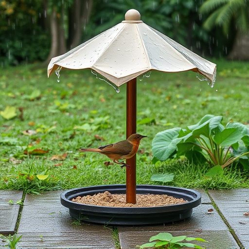 Rain cover sheltering ground bird feeding station