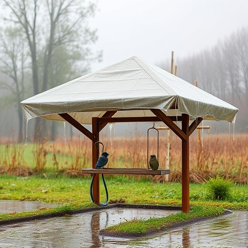 Rain cover sheltering ground bird feeding station