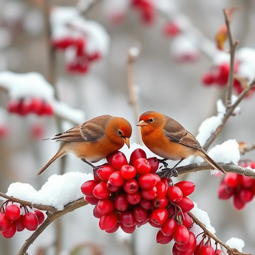 Redwings feeding on berries in snow
