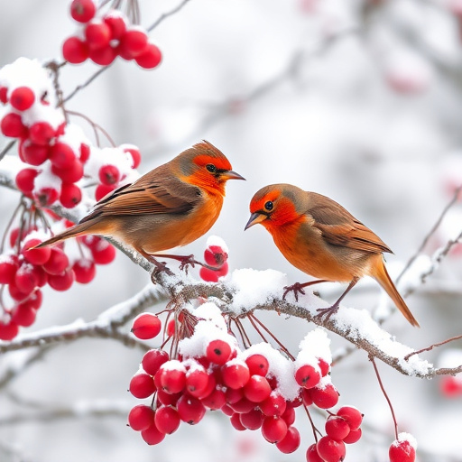 Redwings feeding on berries in snow