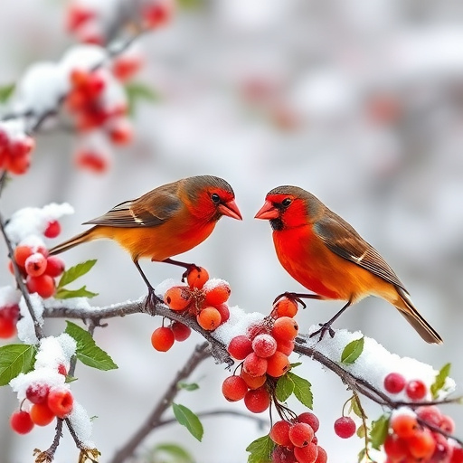 Redwings feeding on berries in snow