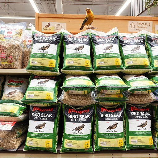 Retail display of bulk bird seed bags