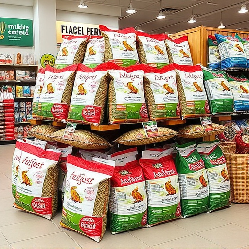 Retail display of bulk bird seed bags