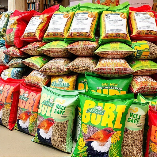 Retail display of bulk bird seed bags