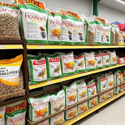 Retail shelf stacked with bird seed bags