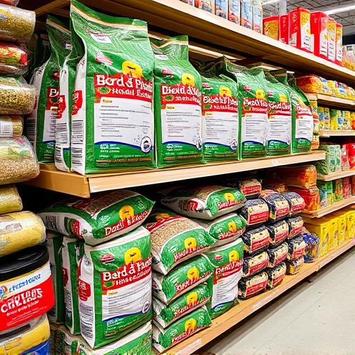 Retail shelf stacked with bird seed bags