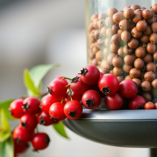 Ripe berries on garden bird feeder